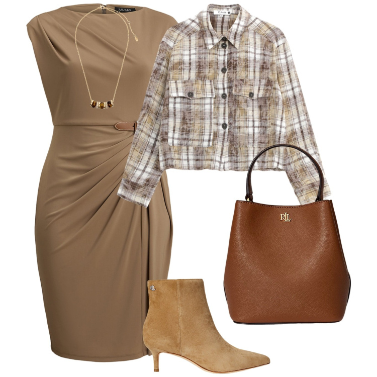 Outfit donna - Ottobre in ufficio. per Ufficio. Abbinamento con camicie, stivaletti, collane, borse a secchiello, vestiti.