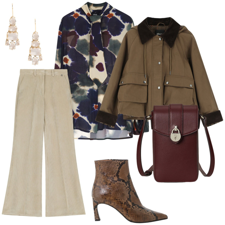 Outfit donna - Autunno Dixie. per Tutti i giorni. Abbinamento con pantaloni a palazzo, stivaletti, camicie, blazer, borse a tracolla, orecchini.