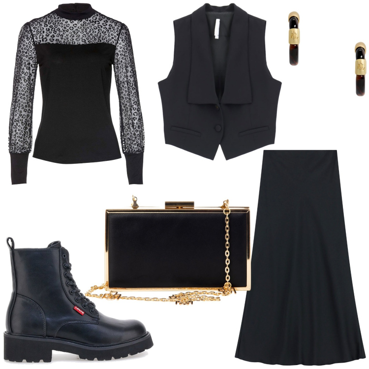 Outfit donna - Total black super cool. Stile Glamour per Serata fuori. Abbinamento con maglieria, pochette, gilet, gonne lunghe, orecchini, anfibi.