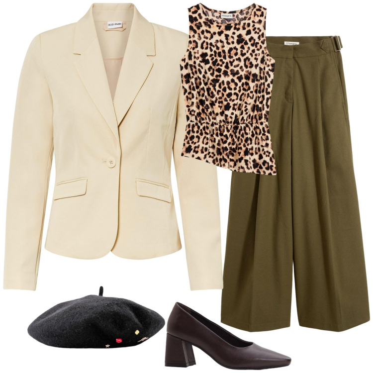 Outfit donna - Allure parigina. Stile Bon Ton per Tutti i giorni. Abbinamento con cappelli e berretti, blazer, top, décolleté, pantaloni.