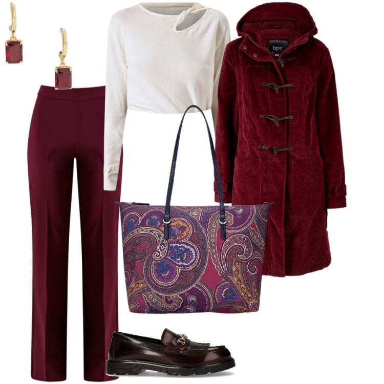 Outfit donna - Red fall. Stile Casual chic per Ufficio. Abbinamento con montgomery, pantaloni a palazzo, maglieria, borse tote, orecchini, mocassini.