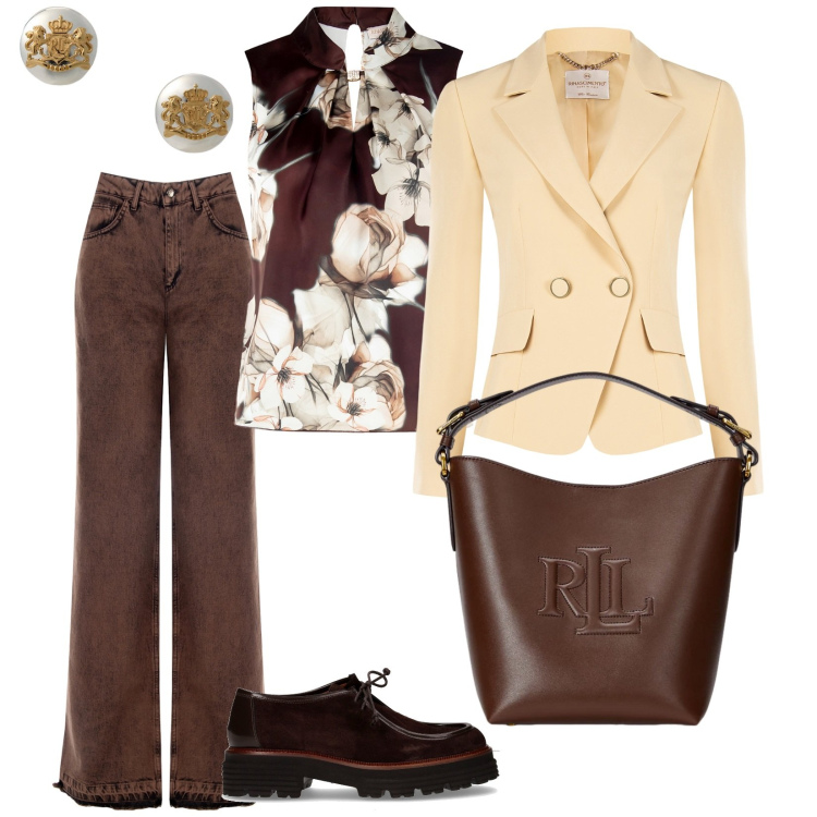 Outfit donna - Eleganza in jeans. per Tutti i giorni. Abbinamento con jeans dritti, top, blazer, orecchini, borse a secchiello, mocassini.