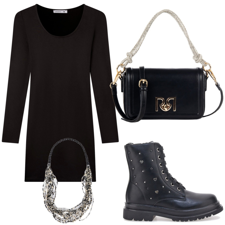Outfit donna - Biker di tendenza. Stile Trendy per Tutti i giorni. Abbinamento con vestiti corti, borse a mano, anfibi, collane.
