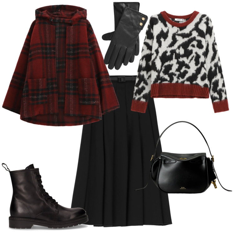 Outfit donna - Casual chic scozzese. Stile Casual chic per Tutti i giorni. Abbinamento con pullovers, caban, gonne longuette, borse a mano, guanti, anfibi.