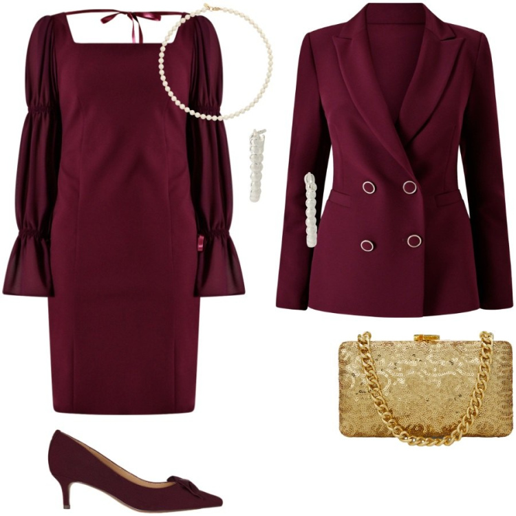 Outfit donna - Cerimonia d\'autunno. Stile Chic per Cerimonia. Abbinamento con vestiti a tubino, blazer, orecchini, collane, décolleté, clutch.