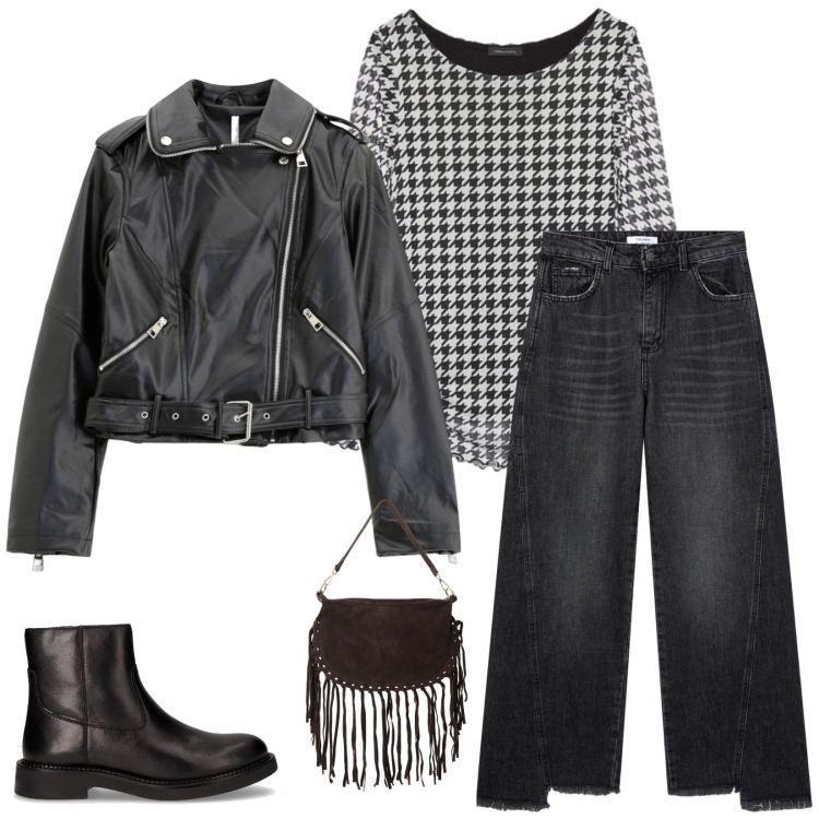 Outfit donna - Black and White. Stile Urban per Tutti i giorni. Abbinamento con jeans, giacche, borse a tracolla, bluse, stivaletti chelsea.