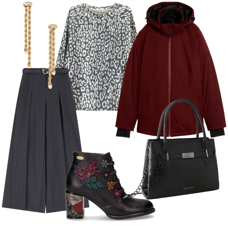 Outfit donna - Il giaccone morbido. per Scuola/Università. Abbinamento con blazer, borse a mano, maglieria, pantaloni, orecchini, stivaletti.