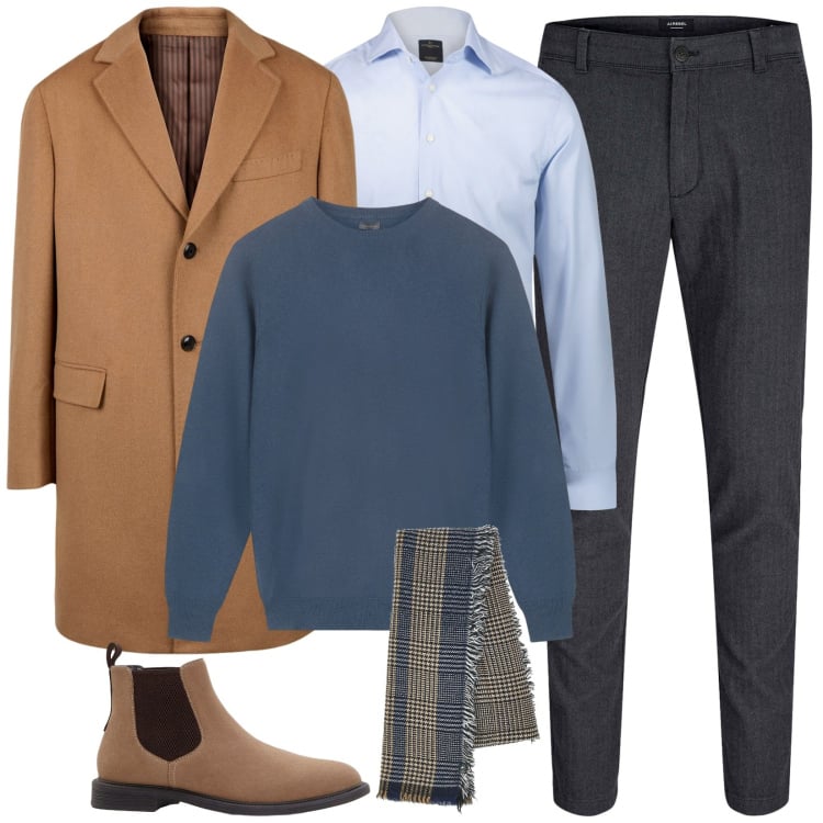 Outfit uomo - Inizia il freddo. Stile Casual per Ufficio. Abbinamento con stivali e stivaletti, pantaloni chino, camicie, sciarpe, cappotti, maglieria.
