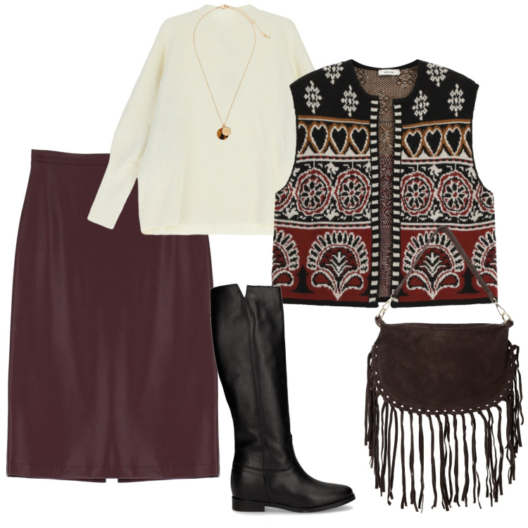 Outfit donna - Ci vediamo domani. per Tutti i giorni. Abbinamento con gonne longuette, gilet, maglieria, borse a tracolla, collane, stivali.