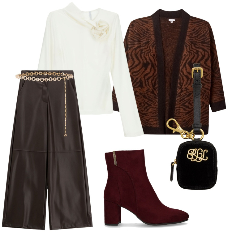 Outfit donna - Per negozi. per Tutti i giorni. Abbinamento con cardigans, cinture, t-shirt, pantaloni a palazzo, pochette, stivaletti.