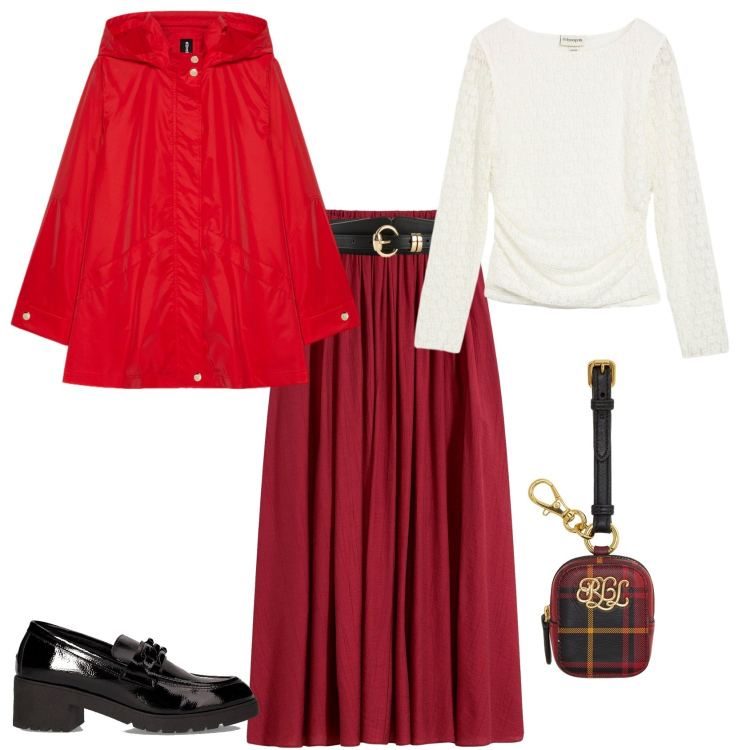 Outfit donna - Casual chic rosso e bianco. Stile Casual chic per Tutti i giorni. Abbinamento con gonne lunghe, cinture, maglieria, pochette, mocassini, parka.