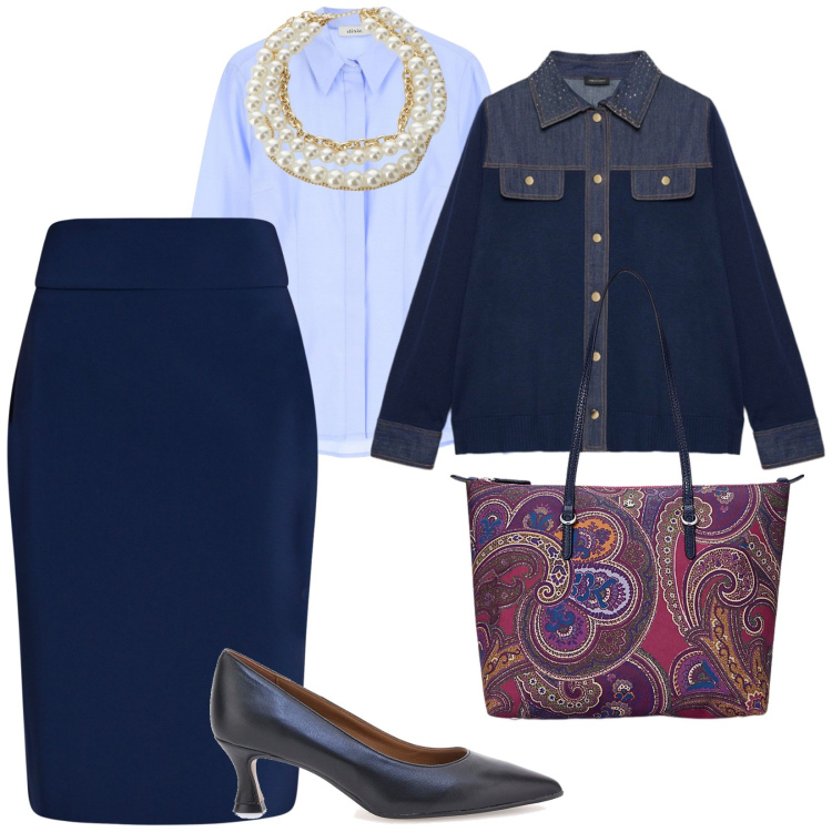 Outfit donna - A lavoro. per Scuola/Università. Abbinamento con gonne, camicie, collane, borse tote, cardigans, décolleté.