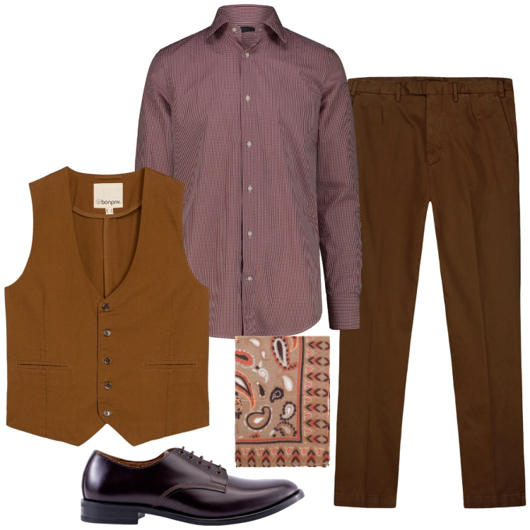 Outfit uomo - Fascino senza tempo. Stile Trendy per Serata speciale. Abbinamento con gilet, sciarpe e foulard, pantaloni, scarpe stringate, camicie.