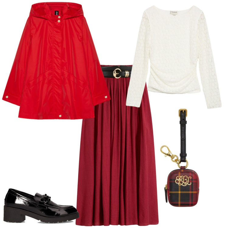 Outfit donna - Casual chic rosso bianco. Stile Casual chic per Tutti i giorni. Abbinamento con gonne lunghe, cinture, maglieria, pochette, mocassini, parka.