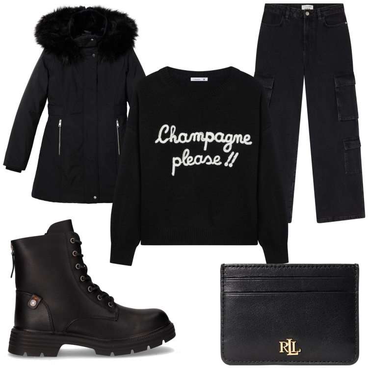 Outfit donna - Total look #2257392. Stile Rock per Scuola/Università. Abbinamento con parka, jeans, maglieria, portafogli, anfibi.
