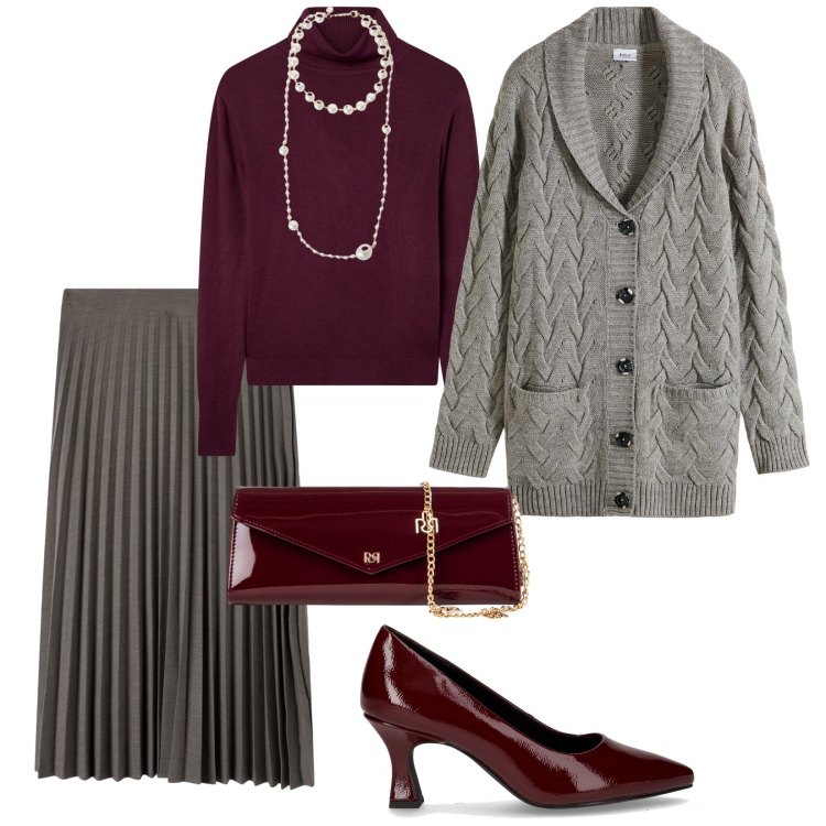 Outfit donna - Accessori bordeaux. per Tutti i giorni. Abbinamento con cardigans, maglieria, gonne lunghe, pochette, collane, décolleté.