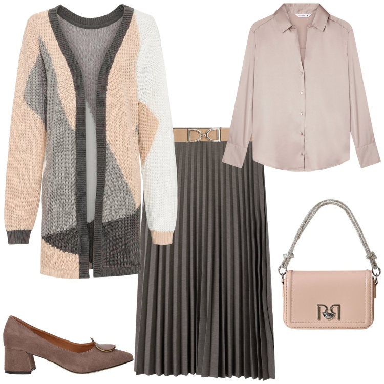 Outfit donna - Casual chic grigio cipria. Stile Casual chic per Tutti i giorni. Abbinamento con cardigans, cinture, gonne lunghe, camicie, borse a mano, décolleté.