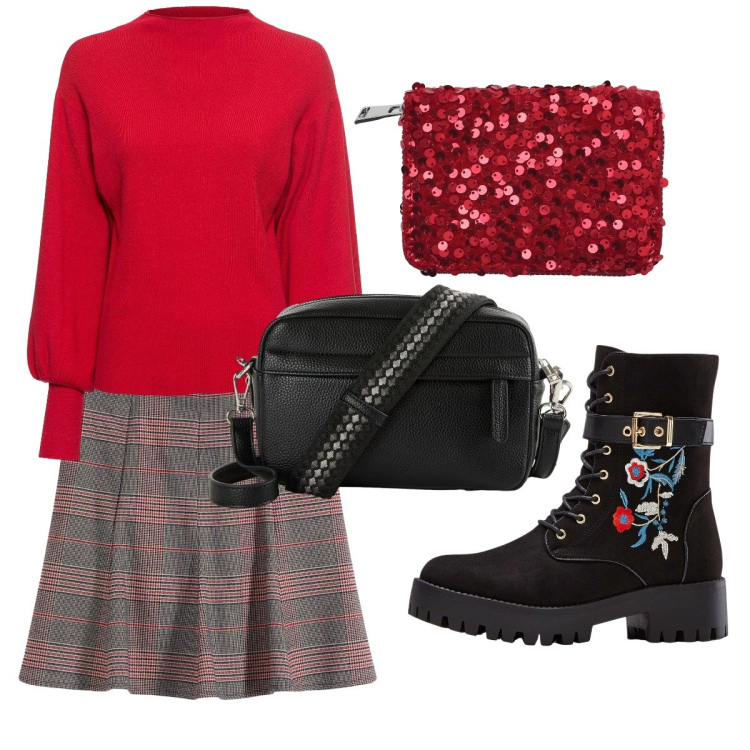 Outfit donna - Rosso & Scozzese. Stile Trendy per Scuola/Università. Abbinamento con maglieria, minigonne, stivali, borse a tracolla, portafogli.