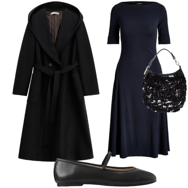 Outfit donna - Oggi nera. Stile Chic per Serata fuori. Abbinamento con cappotti, vestiti, ballerine, pochette.