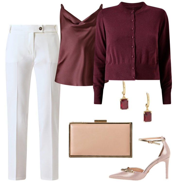 Outfit donna - Classici. Stile Glamour per Serata fuori. Abbinamento con cardigans, pantaloni, décolleté, pochette, canottiere, orecchini.