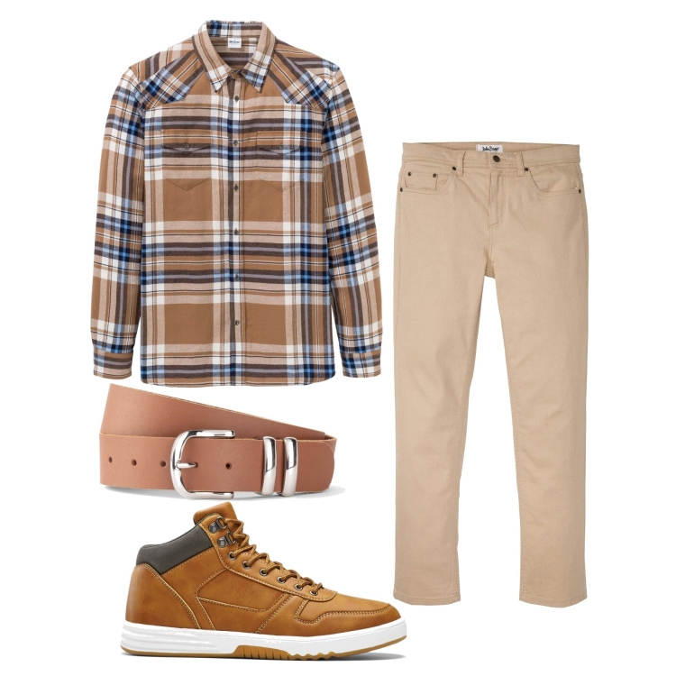 Outfit homme - Octobre. Style Casual pour Tous les jours. Assortir avec chemisiers, jean coupe droite, ceintures, sneakers hautes.