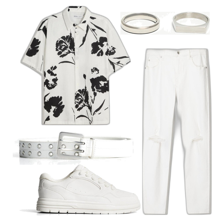 Outfit hombre - Trendy look. Estilo Trendy para Noche especial. Combinación con anillos, vaqueros pitillo, cinturones, sneakers, camisas de manga corta.