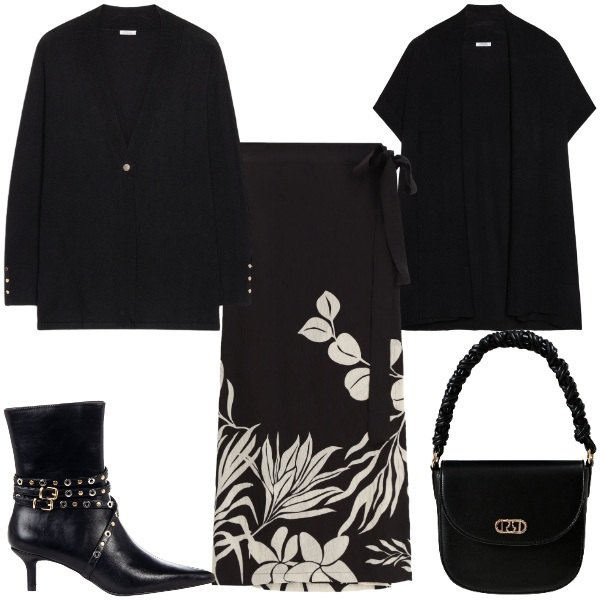 Outfit donna - Black. Stile Trendy per Ufficio. Abbinamento con stivaletti, borse a mano, gonne lunghe, cardigans, cardigans.