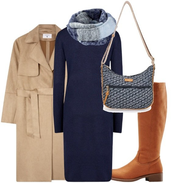 Outfit donna - il primo freddo. Stile Casual per Tutti i giorni. Abbinamento con stivali, foulard, trench, vestiti midi/longuette, borse a tracolla.