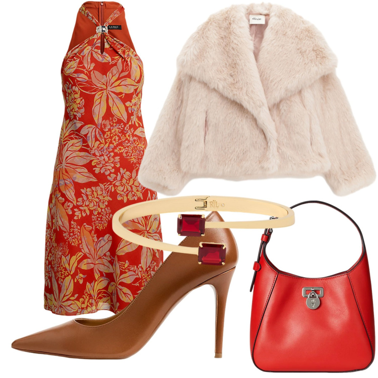 Outfit donna - glamour autunnale. Stile Glamour per Serata fuori. Abbinamento con blazer, décolleté, borse a tracolla, vestiti, braccialetti.