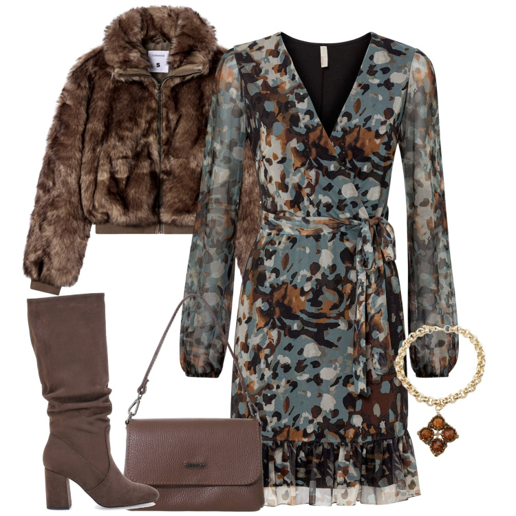 Outfit donna - Ottobre. Stile Urban per Tutti i giorni. Abbinamento con vestiti corti, ecopellicce, borse a tracolla, collane, stivali sopra il ginocchio.