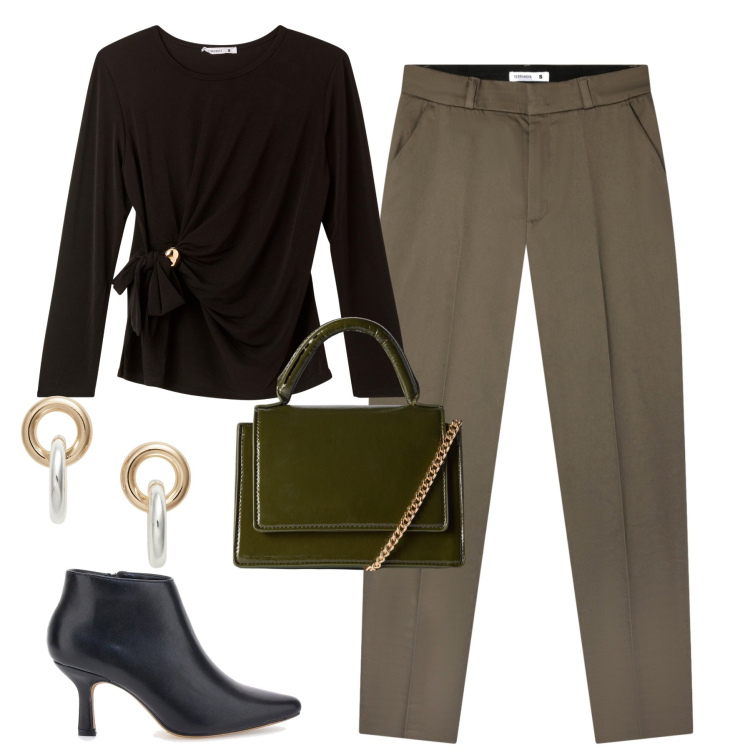 Outfit donna - I pantaloni a sigaretta fango. Stile Urban per Tutti i giorni. Abbinamento con borse a tracolla, pantaloni chino, bluse, orecchini, stivaletti.