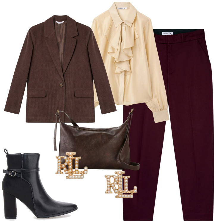 Outfit donna - Brown. Stile Trendy per Tutti i giorni. Abbinamento con borse a tracolla, blazer, camicie, pantaloni chino, orecchini, stivaletti.