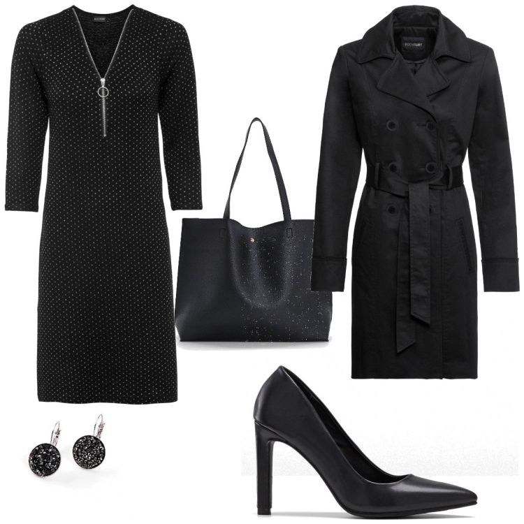 Outfit femme - Enterrement. Style Casual chic pour Cérémonie. Assortir avec robes longues, chaussures à talon, imperméable, boucles d'oreilles, sacs tote.