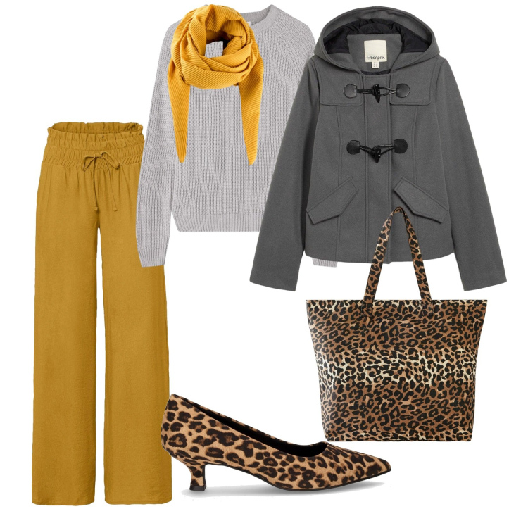 Outfit donna - Di giorno. per Tutti i giorni. Abbinamento con foulard, shopping bag, pantaloni a palazzo, montgomery, maglieria, décolleté.