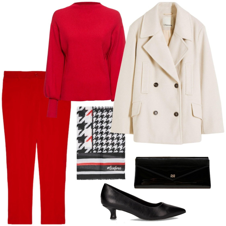 Outfit donna - Total red. Stile Bon Ton per Tutti i giorni. Abbinamento con caban, maglieria, pochette, décolleté, pantaloni, foulard.