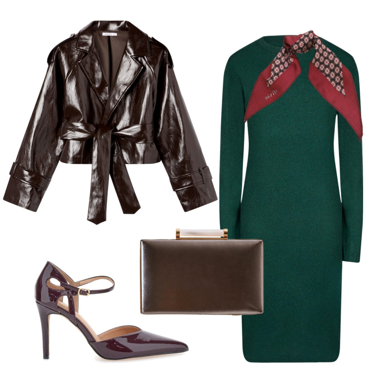 Outfit donna - Serata al cinema. Stile Chic per Serata fuori. Abbinamento con giacche, clutch, foulard, vestiti midi/longuette, décolleté.