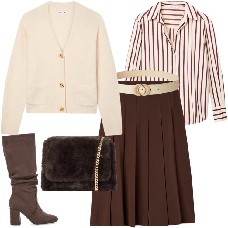 Outfit donna - Total look #2257473. Stile Chic per Ufficio. Abbinamento con camicie, cinture, gonne lunghe, cardigans, borse a tracolla, stivali sopra il ginocchio.