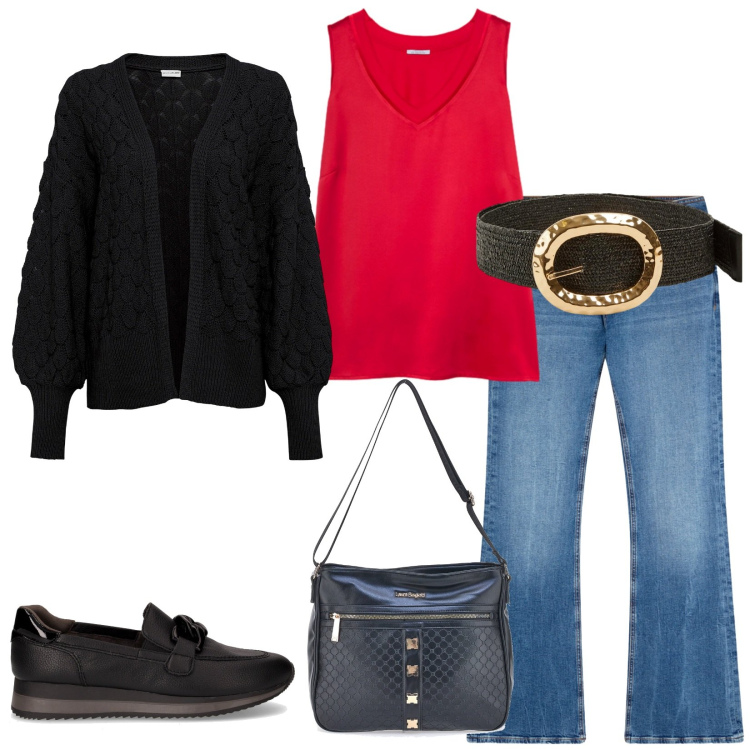 Outfit donna - City. Stile Casual chic per Tutti i giorni. Abbinamento con cardigans, cinture, jeans a zampa, borse a tracolla, top, mocassini.