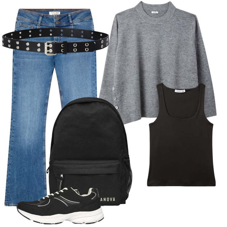 Outfit donna - Total look #2257475. Stile Basic per Tutti i giorni. Abbinamento con jeans a zampa, sneakers, cinture, zaini, maglieria, canottiere.