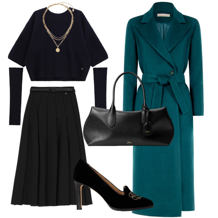 Outfit donna - Il cappotto ottanio. per Serata fuori. Abbinamento con cappotti, maglieria, gonne longuette, décolleté, ciondoli, borse a mano.