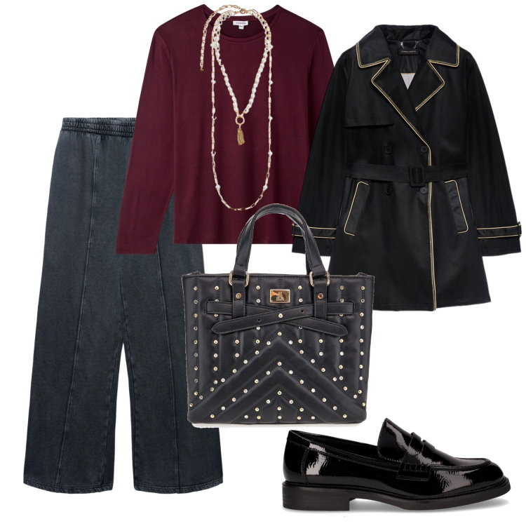 Outfit donna - Pomeriggio d\'autunno. per Tutti i giorni. Abbinamento con pantaloni, t-shirt, mocassini, borse a mano, collane, trench.