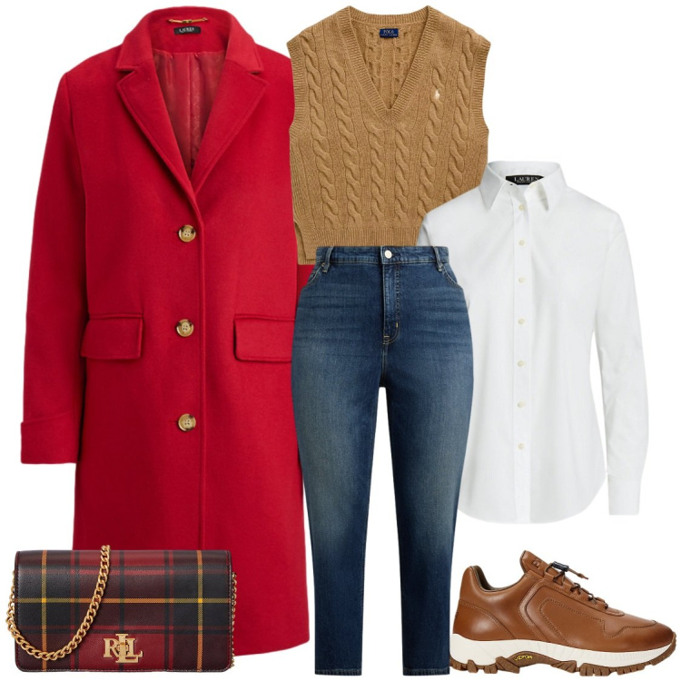 Outfit donna - Cappotto rosso. Stile Casual chic per Tutti i giorni. Abbinamento con borse a mano, camicie, sneakers, cappotti, maglieria, jeans dritti.