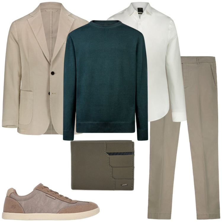 Outfit uomo - Total look #2257481. Stile Casual per Ufficio. Abbinamento con camicie, giacche, maglieria, portafogli, scarpe stringate, pantaloni chino.