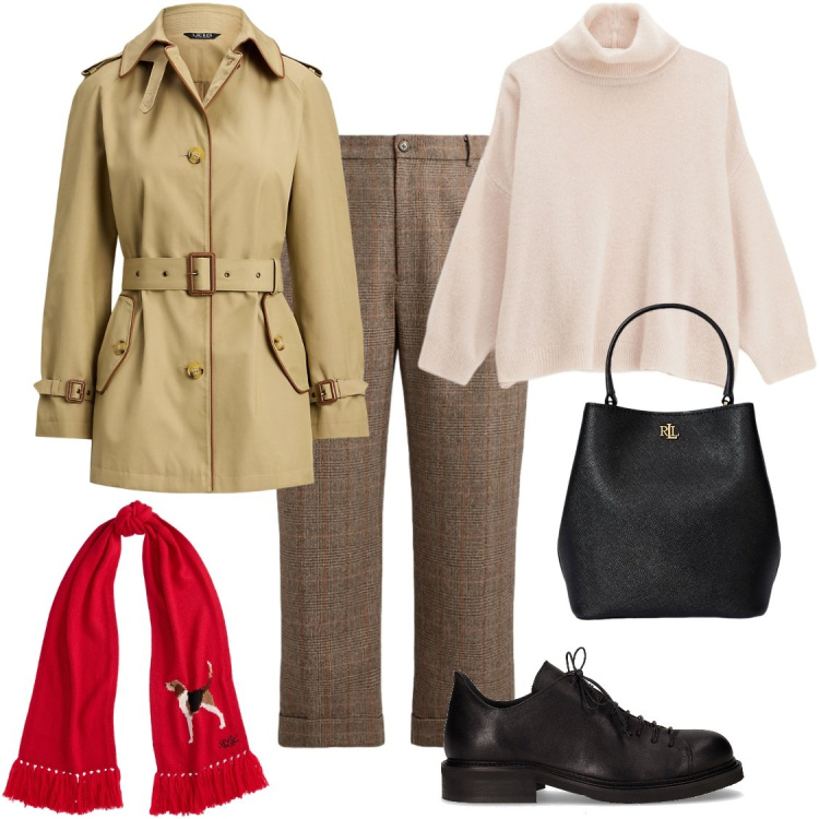 Outfit donna - Quel tocco in più. Stile Casual chic per Tutti i giorni. Abbinamento con maglieria, pantaloni, borse a secchiello, trench, sciarpe, scarpe stringate.