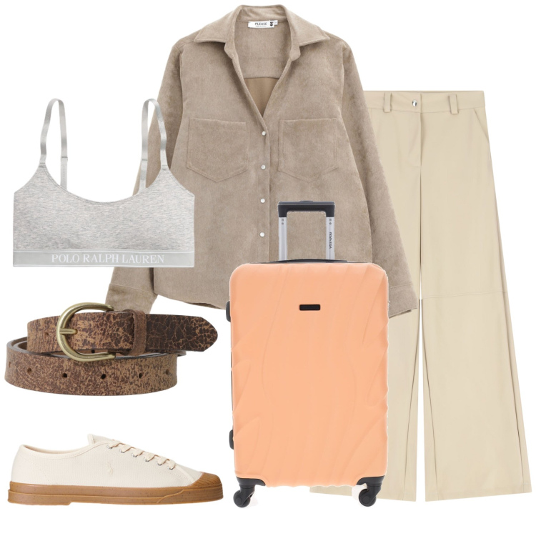 Outfit donna - Total look #2257483. Stile Chic per Tutti i giorni. Abbinamento con camicie, cinture, pantaloni a palazzo, canottiere, sneakers, valigie.