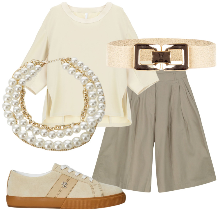Outfit donna - Total look #2257485. Stile Sporty chic per Tutti i giorni. Abbinamento con cinture, felpe, collane, sneakers, bermuda.