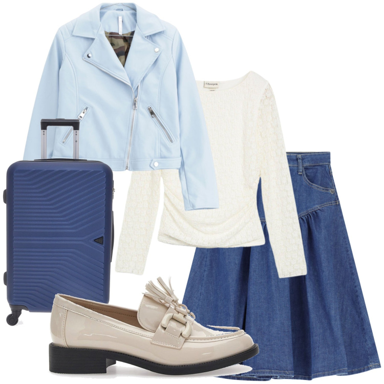 Outfit donna - Total look #2257488. Stile Casual chic per Tutti i giorni. Abbinamento con maglieria, gonne longuette, blazer, mocassini, valigie.