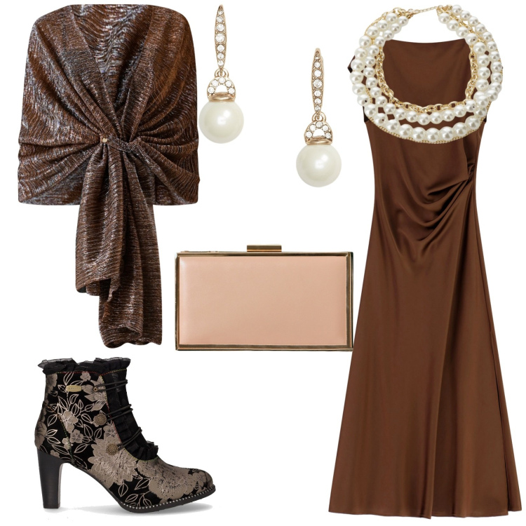 Outfit donna - Total look #2257490. Stile Chic per Cerimonia. Abbinamento con pochette, stole, vestiti lunghi, collane, orecchini, stivaletti.