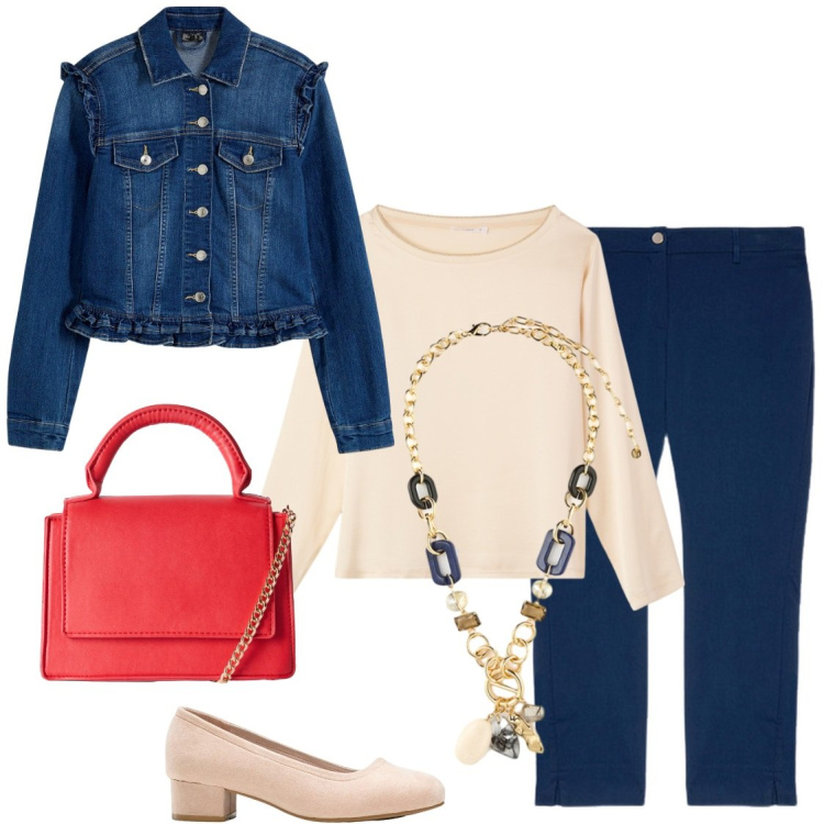 Outfit donna - La borsa rossa. Stile Casual chic per Tutti i giorni. Abbinamento con décolleté, blazer, bluse, borse a tracolla, pantaloni chino, collane.