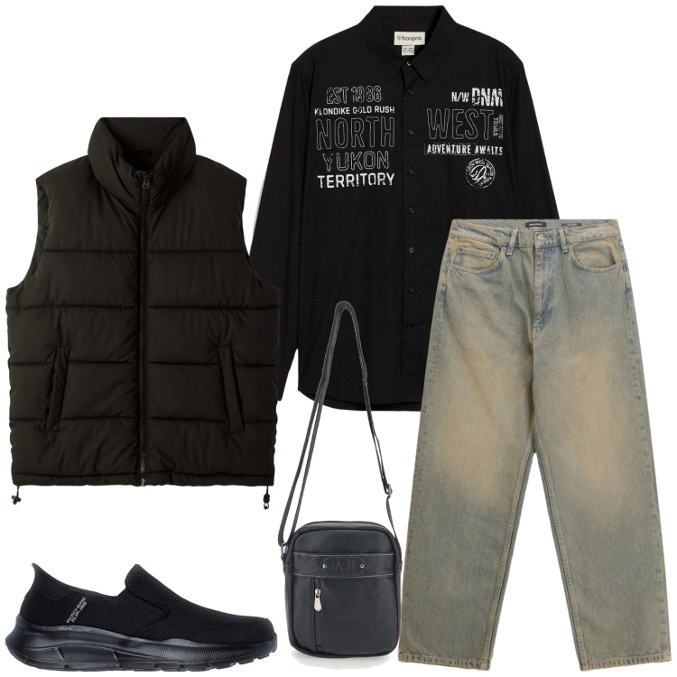 Outfit uomo - Total look #2257495. Stile Casual per Tutti i giorni. Abbinamento con camicie, piumini, jeans, portafogli, sneakers.